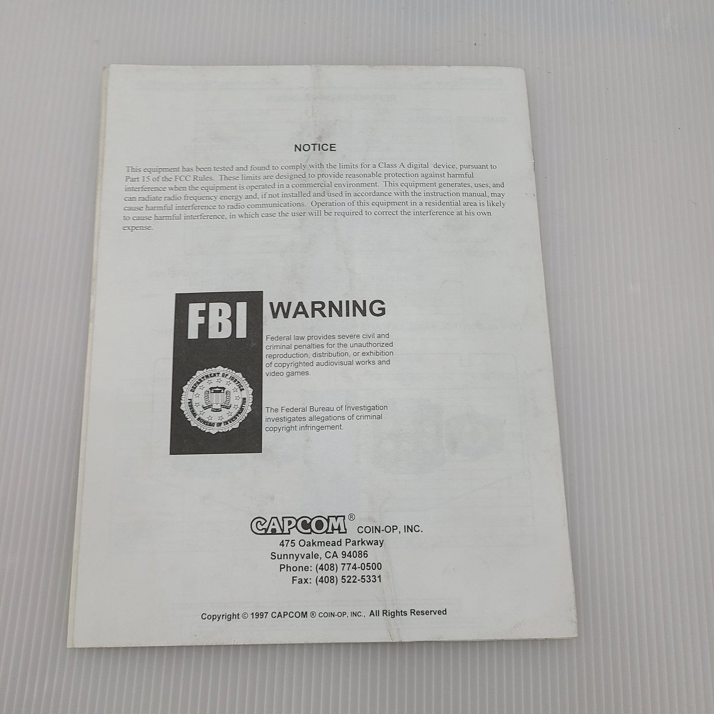 Marvel Super Heroes Street Fighter arcade owner's manual