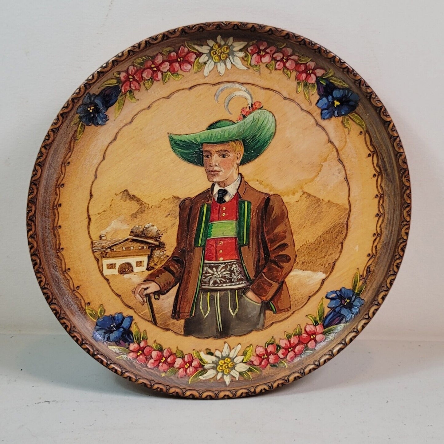 Austria Handcarved Handpainted Young Austrian Man Wooden Plate 10" Signed 1926