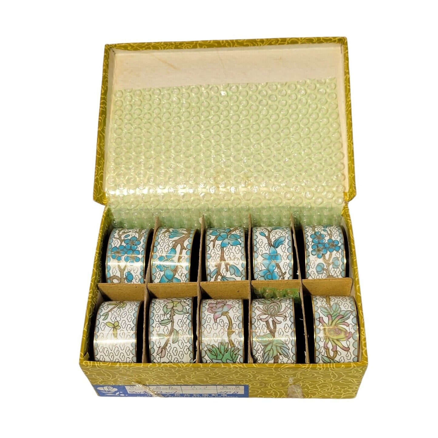 Vintage Cloisonne Ware Napkin Rings (10) Brass Enamel in Original Box