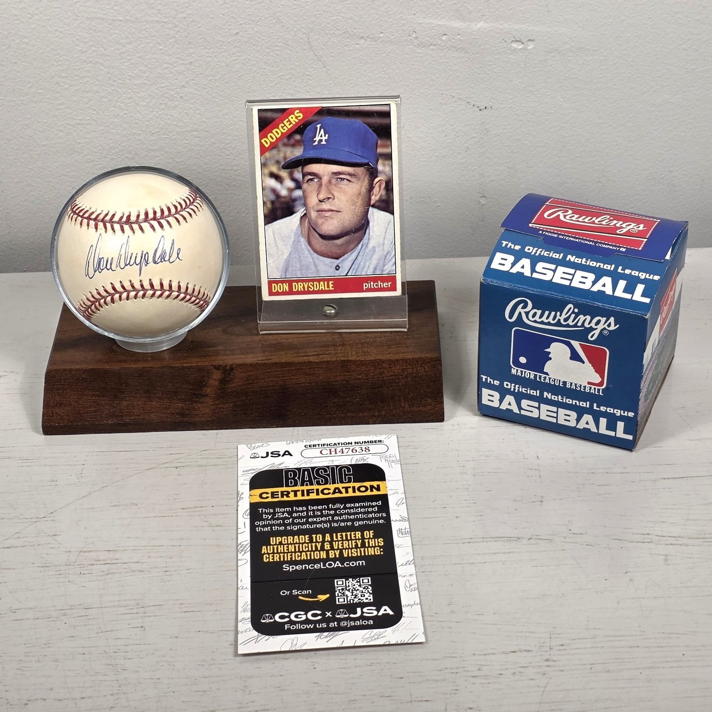 Don Drysdale Signed Rawlings Baseball w/ JSA COA & 1966 Topps Baseball Card