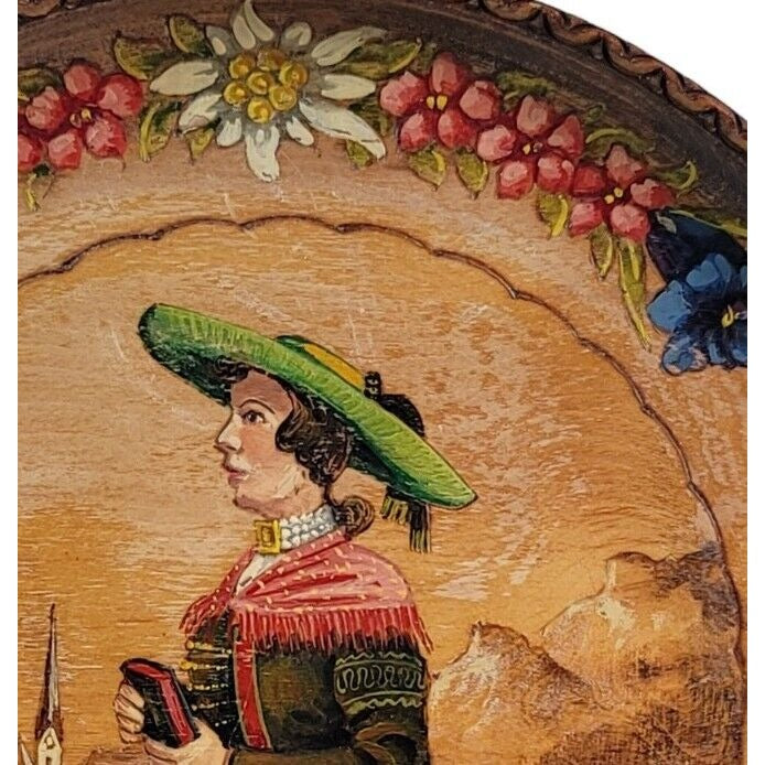 Austria Handcarved Handpainted Austrian Woman Wooden Plate 10" Signed 1926