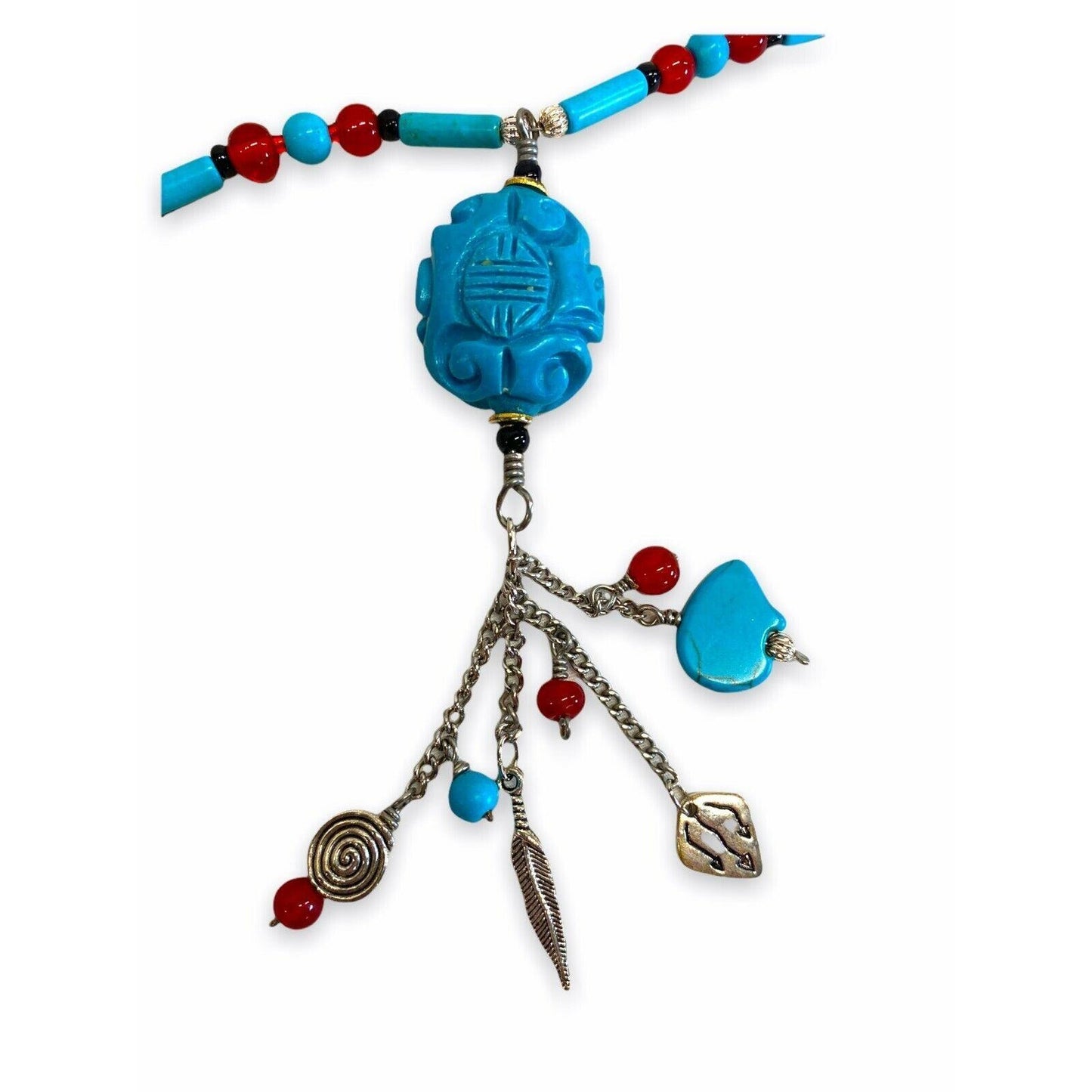 Handmade Copper, Agate, Turquoise Tassle Necklace, Medicine Bear