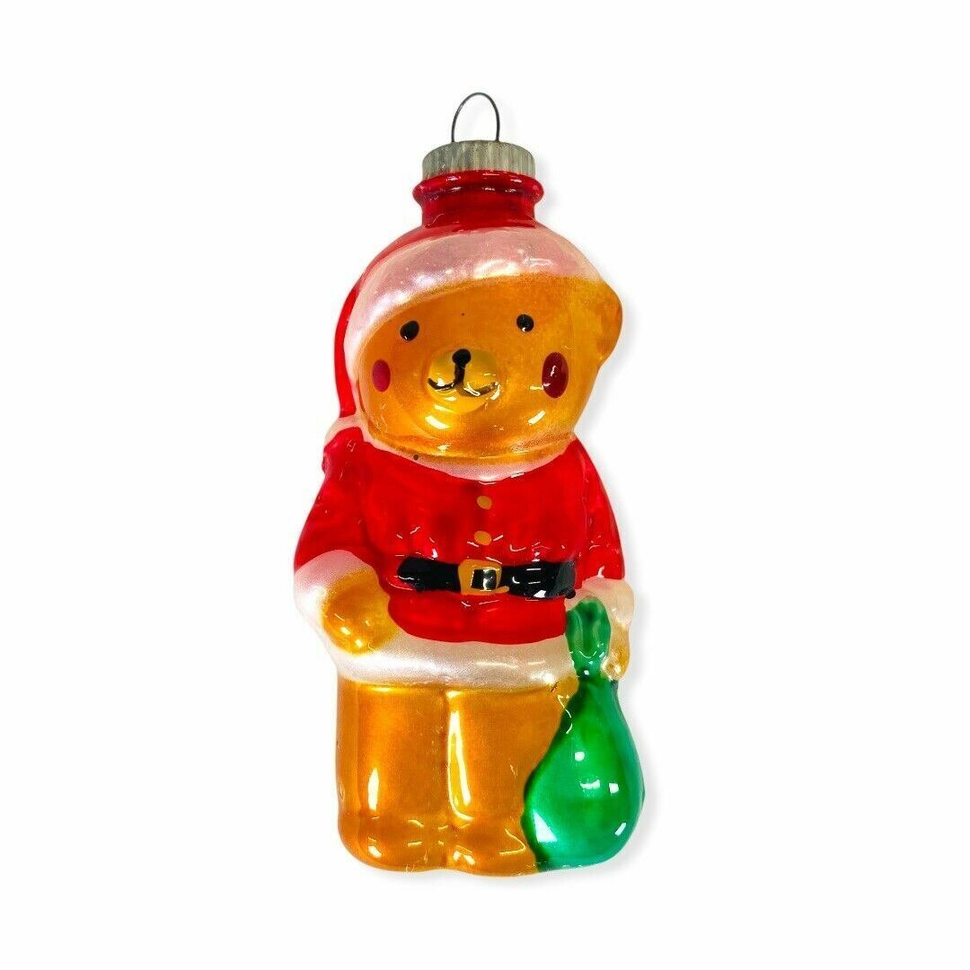 Vintage Glass Bear Santa Christmas Ornament Handpainted