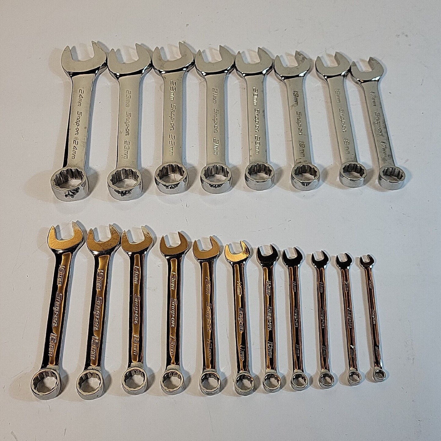 Snap-on 12-point Metric Flank Drive Short Comb Wrench 19 pc set 6mm to 24mm