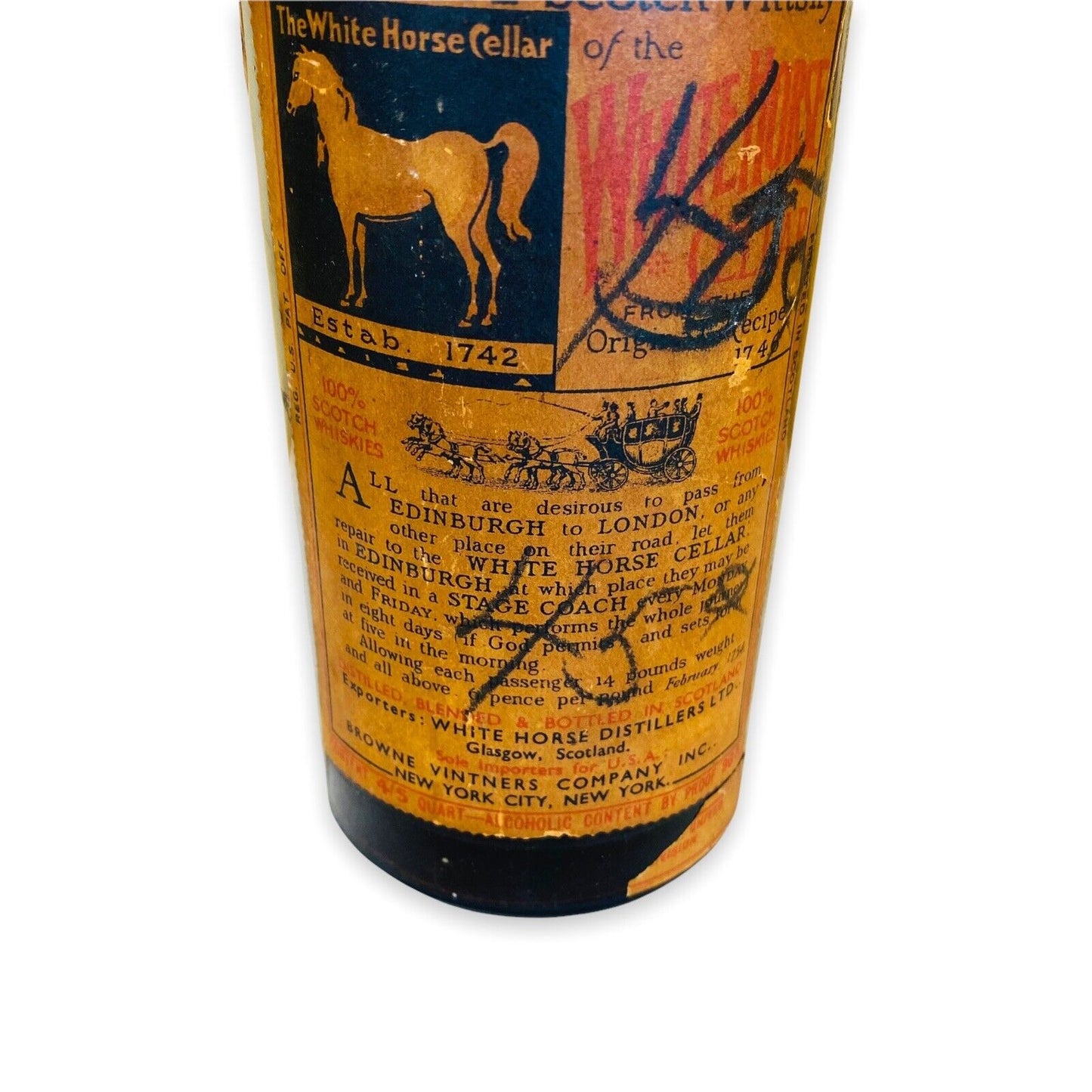 Vintage White Horse Cellar Scotch Whisky w/ Missouri tax stamp, Empty ORIGINAL