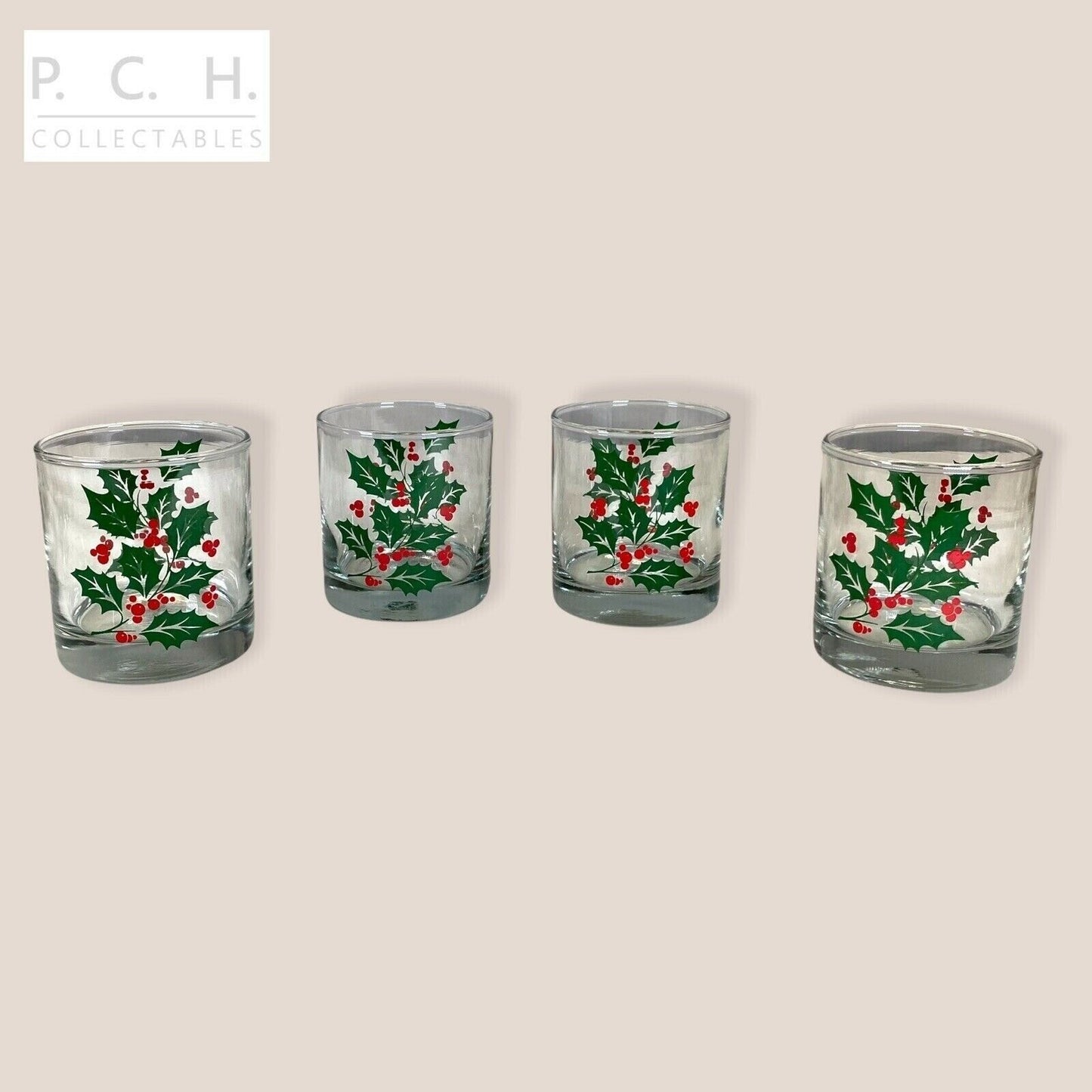 4 Holiday Holly Themed Christmas 8 oz Glass 1132