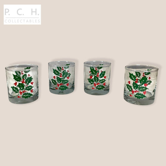 4 Holiday Holly Themed Christmas 8 oz Glass 1132