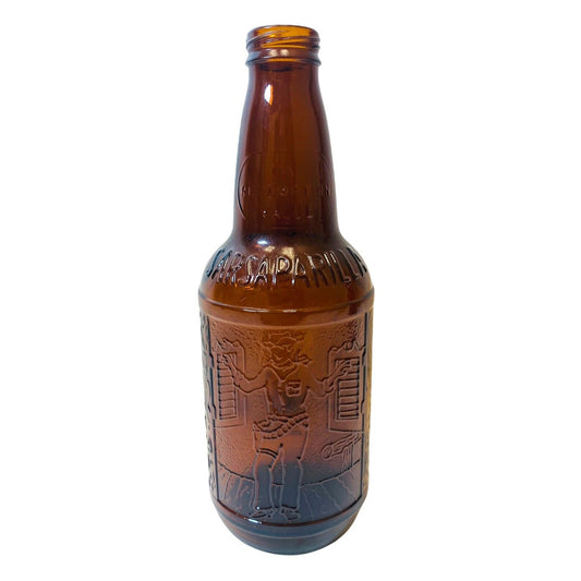 Sioux City Sarsaparilla Bottle Amber with Cowboy Old West Depiction No Cap