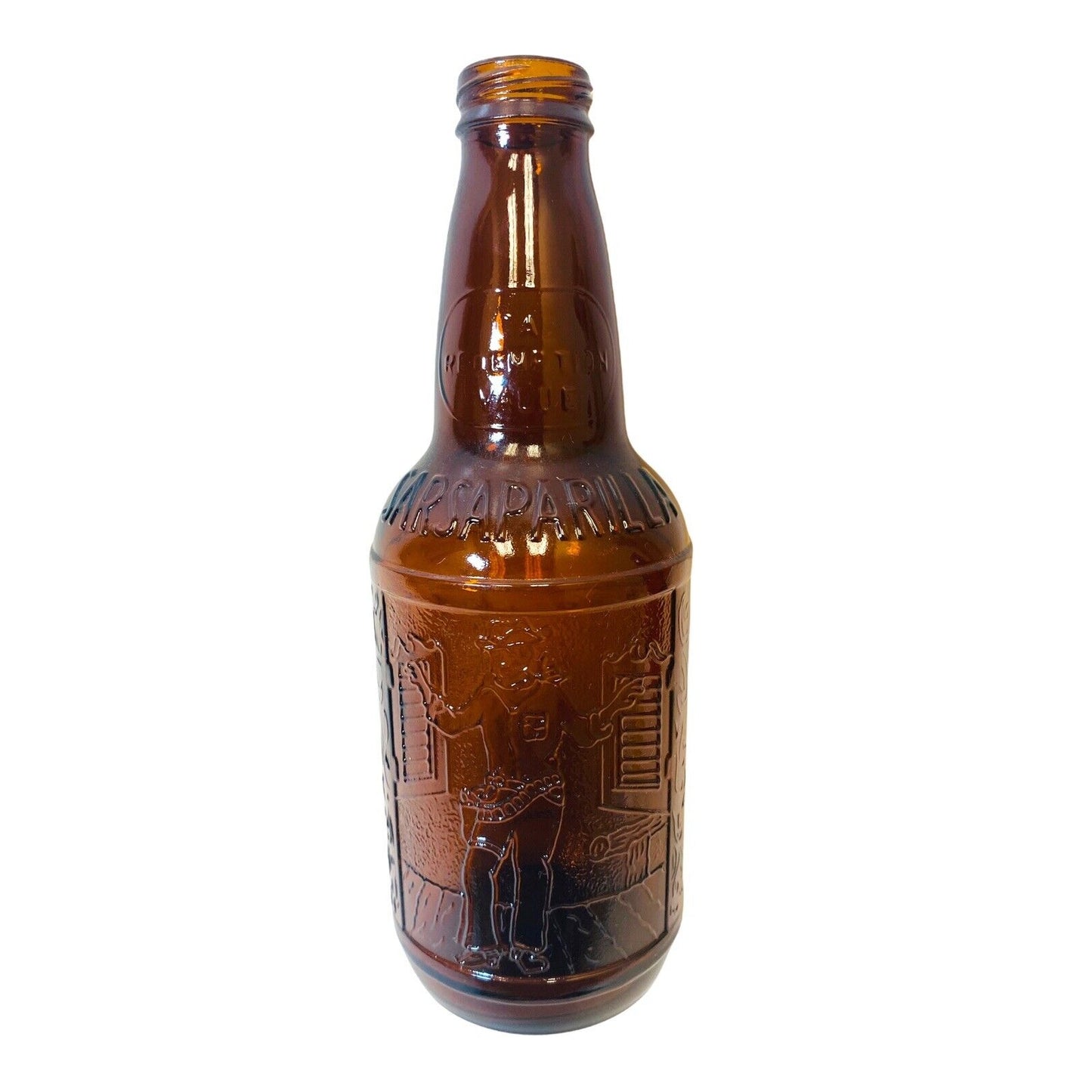 Sioux City Sarsaparilla Bottle Amber with Cowboy Old West Depiction No Cap