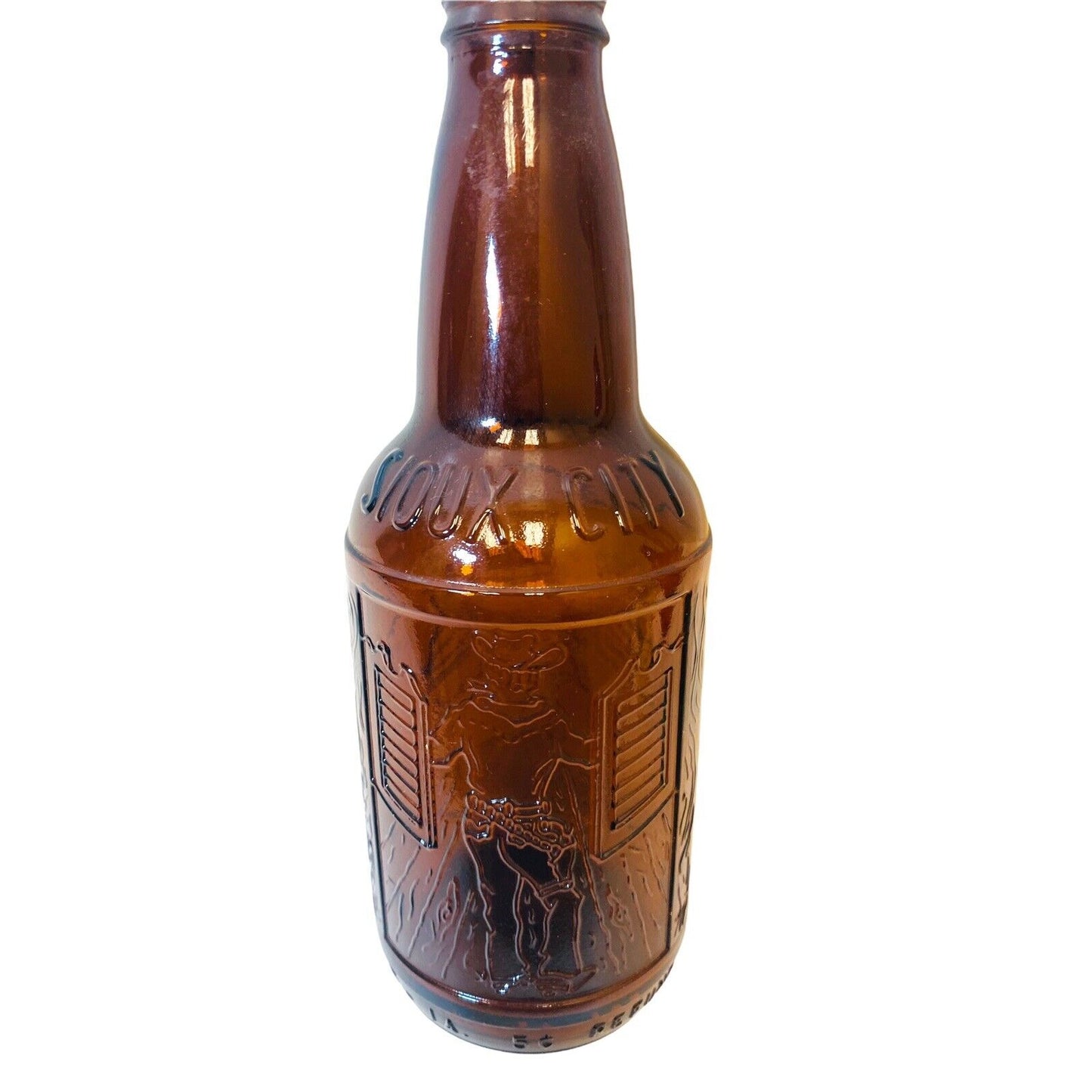 Sioux City Sarsaparilla Bottle Amber with Cowboy Old West Depiction No Cap