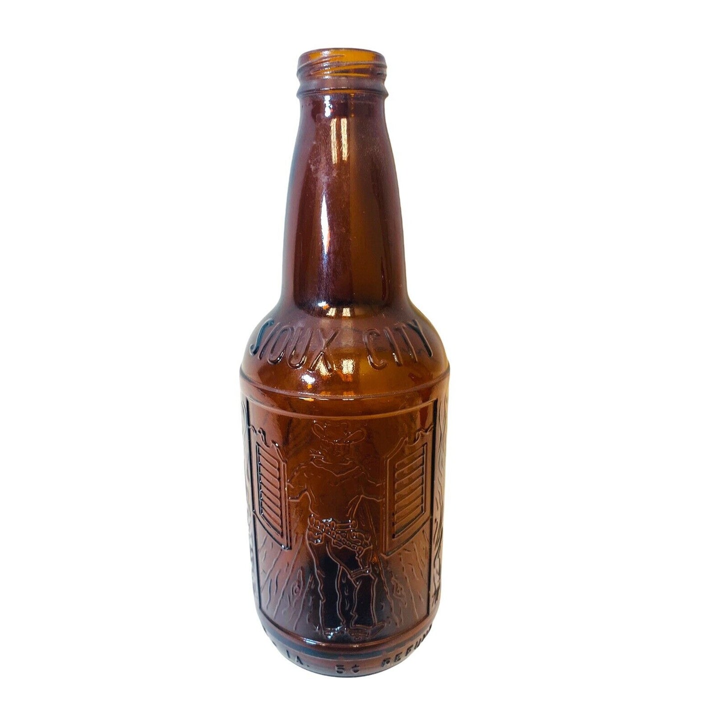 Sioux City Sarsaparilla Bottle Amber with Cowboy Old West Depiction No Cap