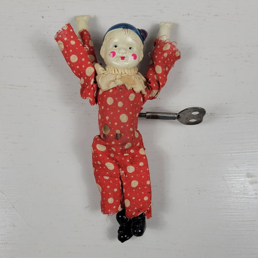 1930's Celluloid Tumbling Acrobat Clown Wind Up Toy with Key Vintage