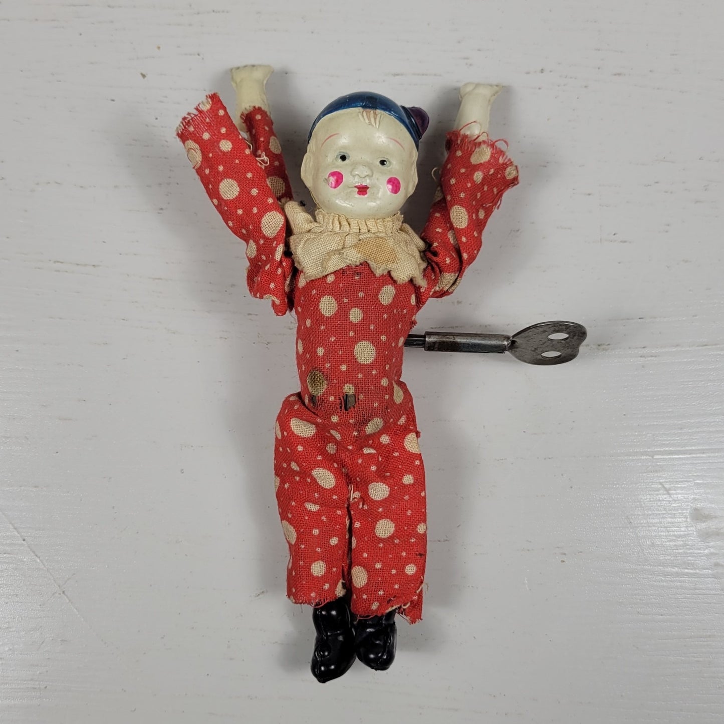 1930's Celluloid Tumbling Acrobat Clown Wind Up Toy with Key Vintage