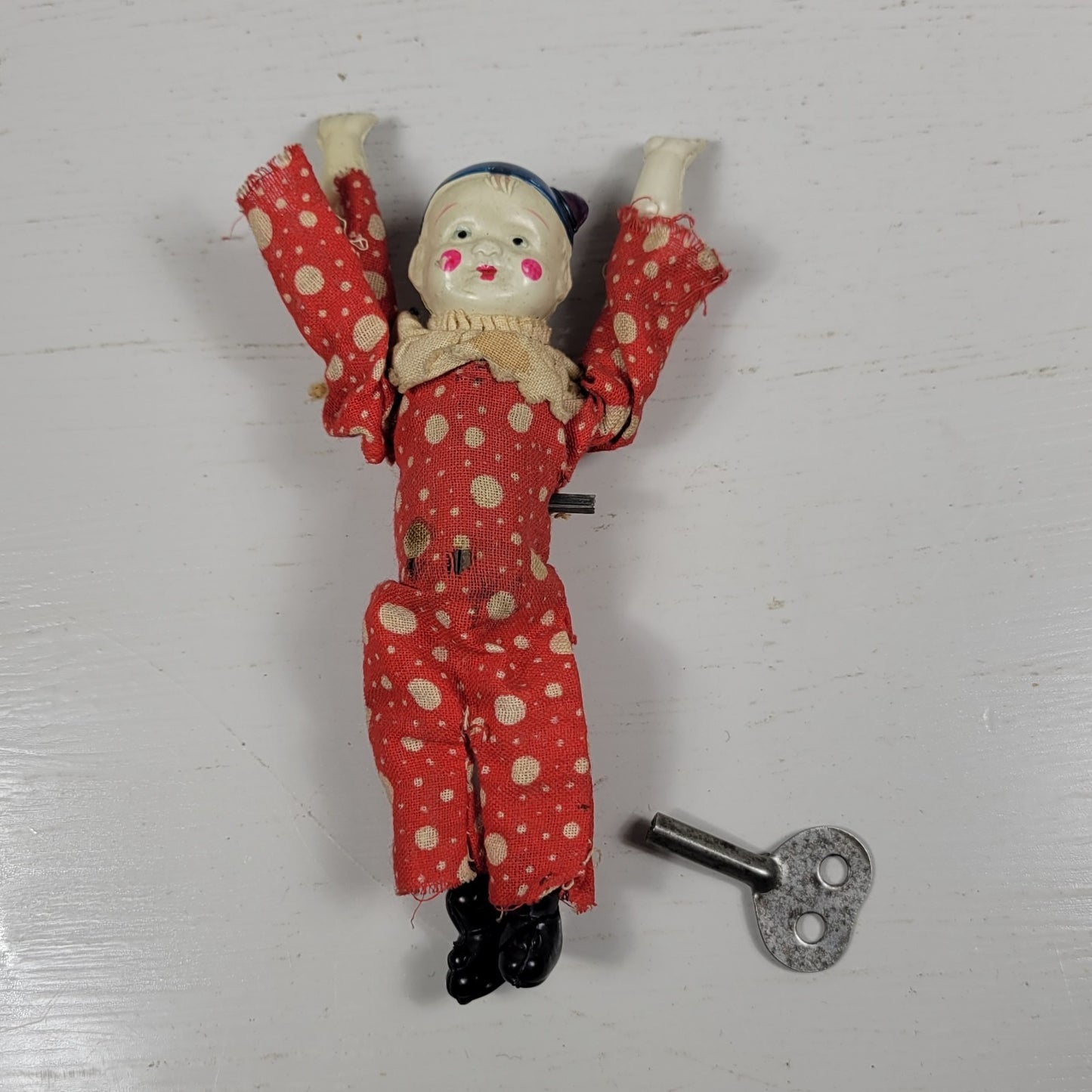 1930's Celluloid Tumbling Acrobat Clown Wind Up Toy with Key Vintage