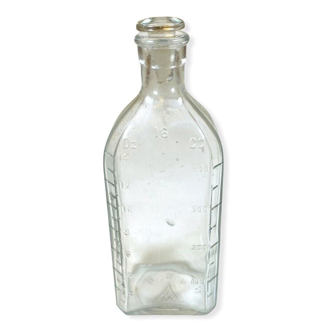 Vintage 16 oz Glass Bottle with Stopper Measurements Marks Whitall Tatum