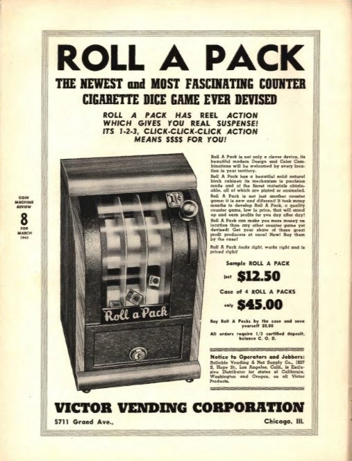 1941 Victor “Roll a Pack” 1¢ Wooden Cigarette Trade Stimulator