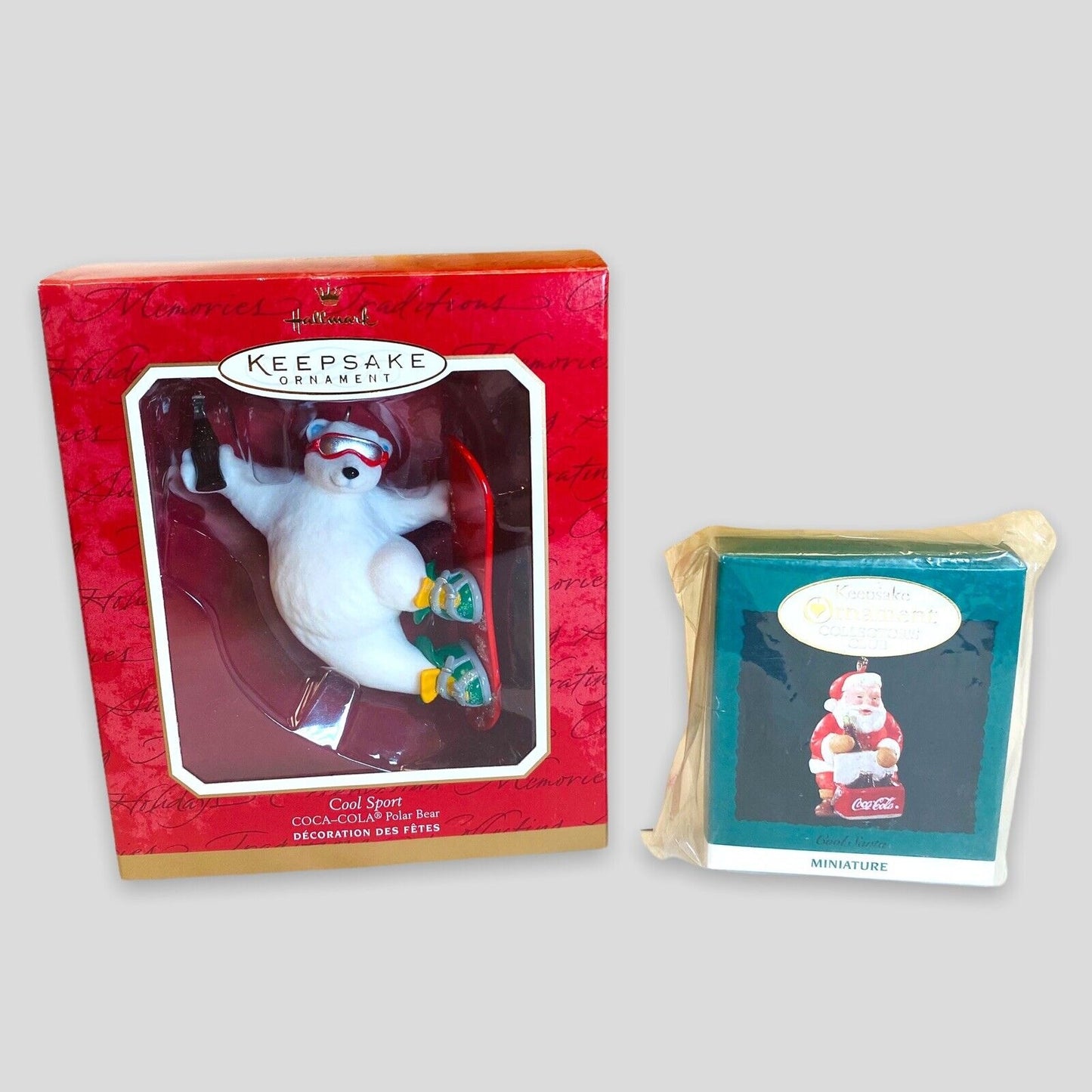 Hallmark Ornament Coca Cola Cool Sport Polar Bear and Cool Santa Miniature NIB