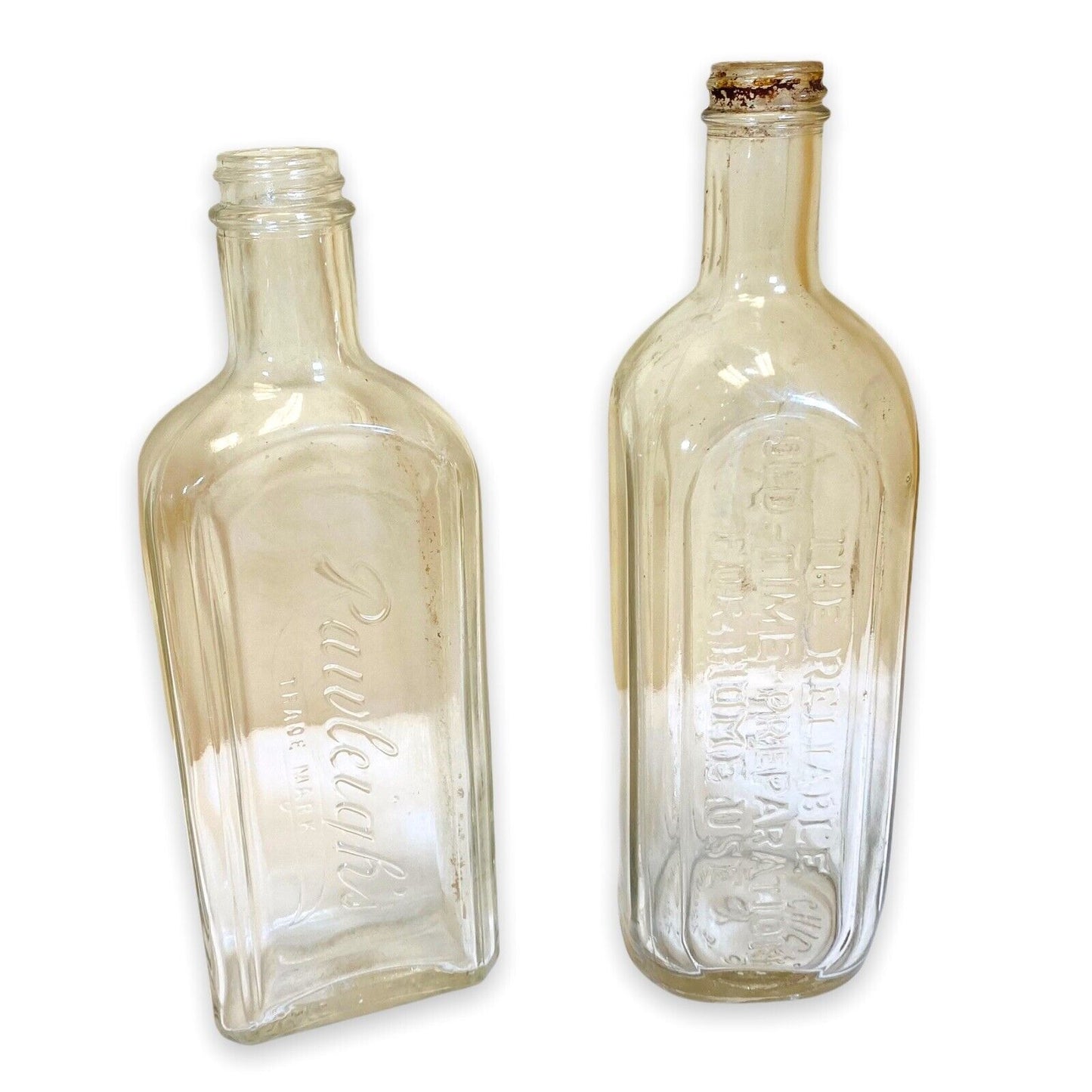 Vintage Medicine Bottles Large Reliable Old Time Preparation Lot of 2, 9" & 8.5"