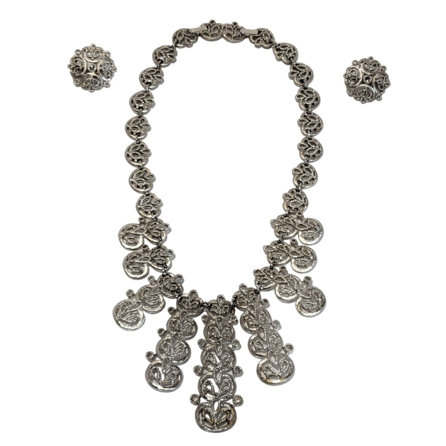 Vintage TRIFARI Crown Silver Tone Necklace and Clip Earrings Set