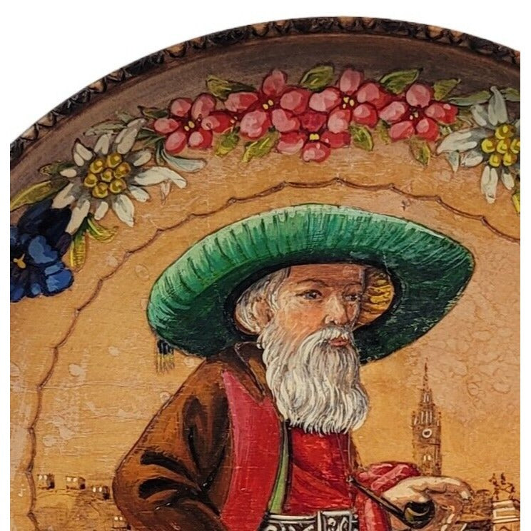 Young Austrian Man Handcarved Handpainted Austria Wooden Plate 10" Signed 1926