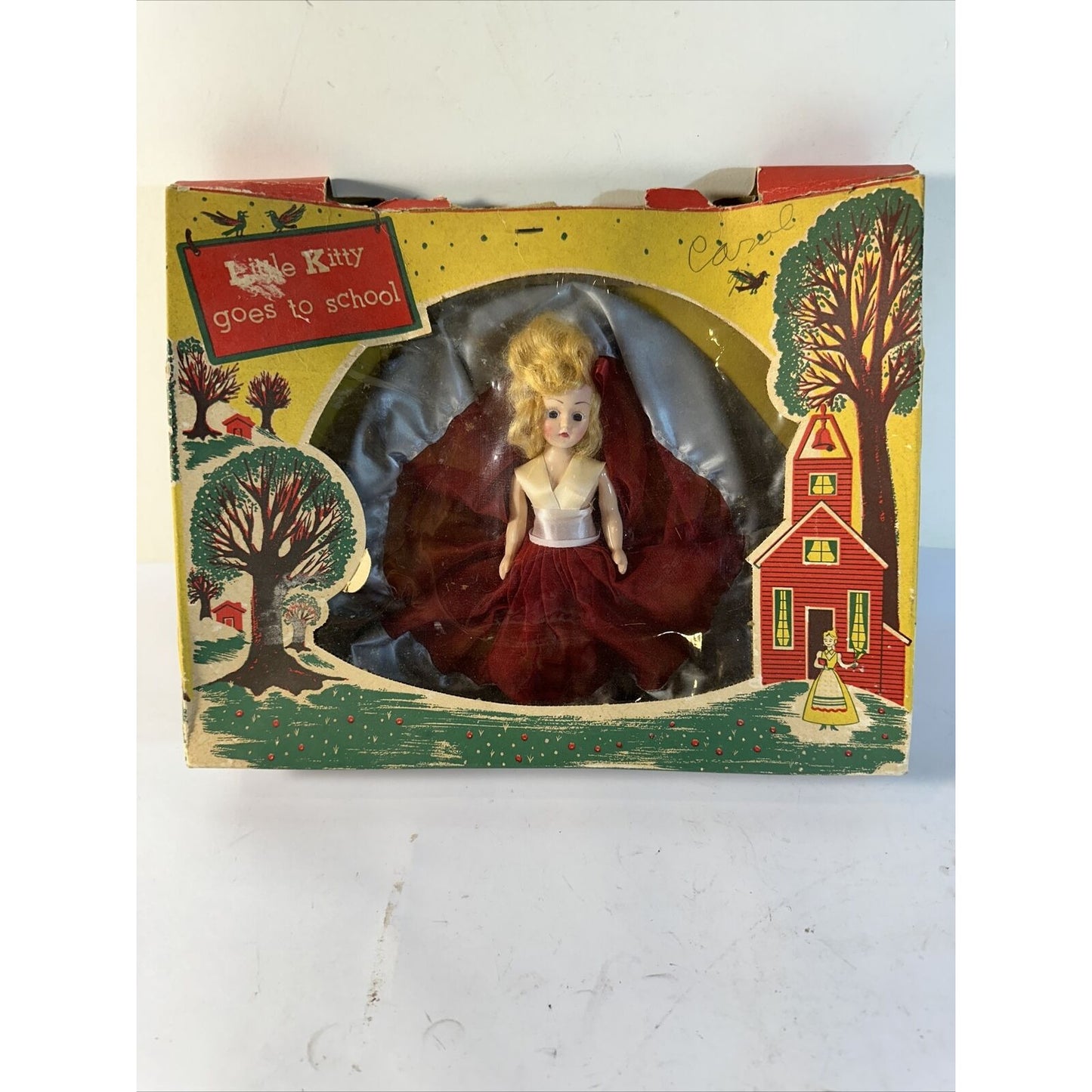 Fortune Toys 1950's Ninette Pam Doll Little Kitty Goes to School 8" Red Dress