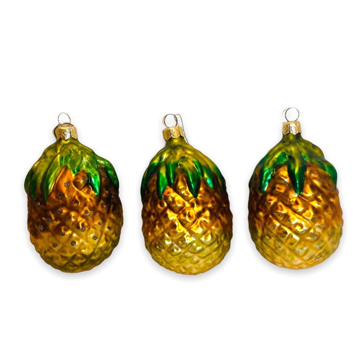 Pineapple Glass Ornaments 4.5" Gold and Green Christmas Tree Decoration Lot of 3