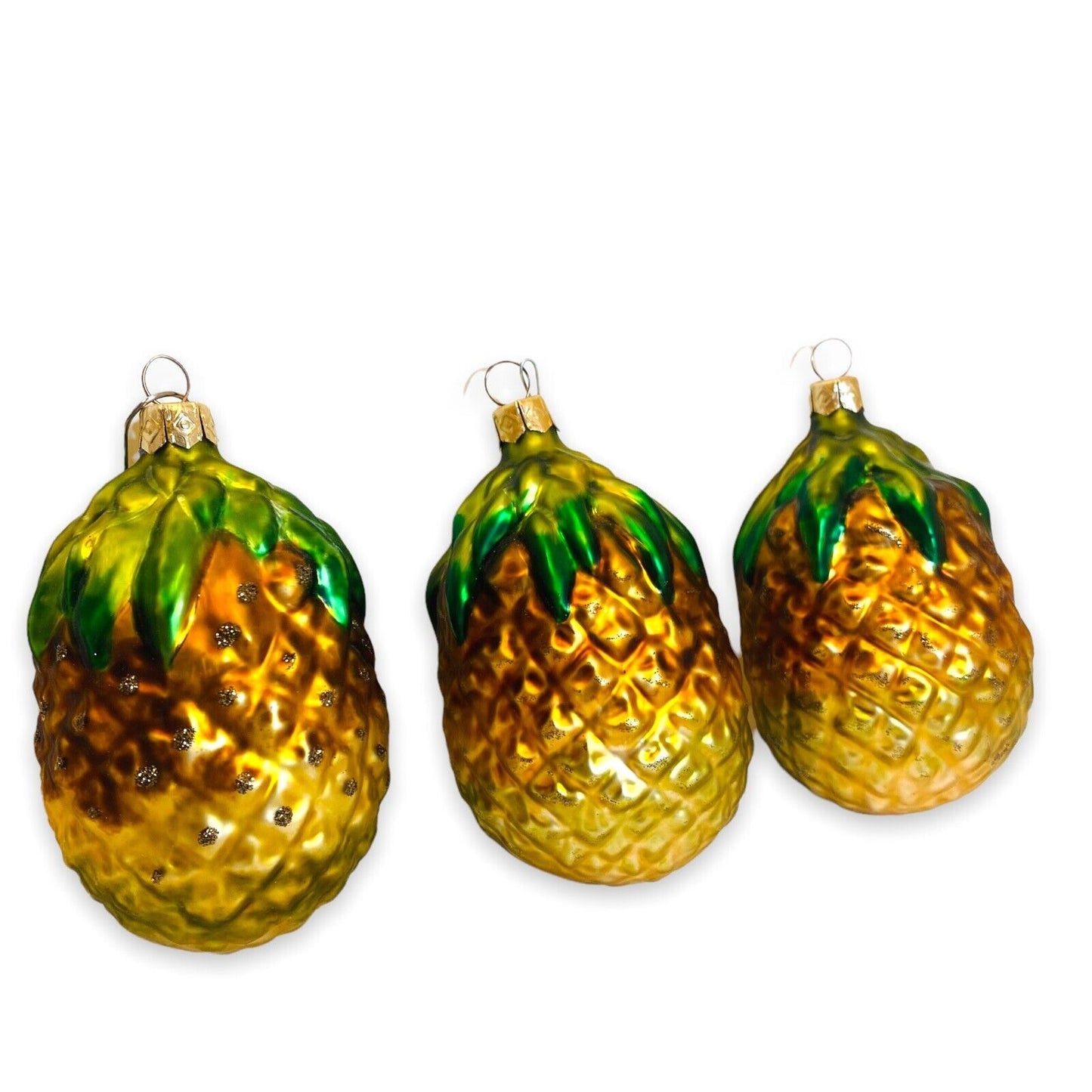 Pineapple Glass Ornaments 4.5" Gold and Green Christmas Tree Decoration Lot of 3