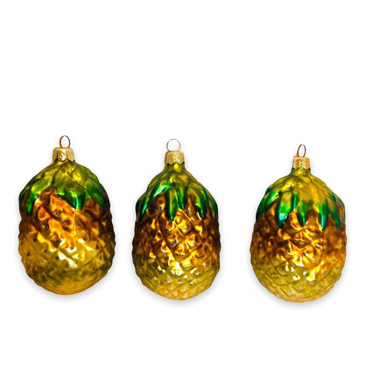 Pineapple Glass Ornaments 4.5" Gold and Green Christmas Tree Decoration Lot of 3