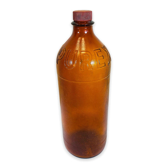 Vintage Purex Bleach Amber Glass Quart Bottle 9" x 4" with Cap