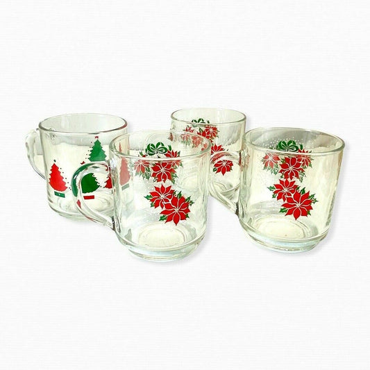 Vintage Christmas Holiday Clear Glass Mugs Red and Green Design Luminarc