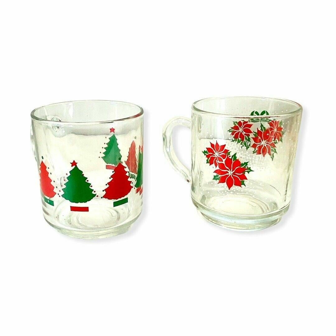 Vintage Christmas Holiday Clear Glass Mugs Red and Green Design Luminarc