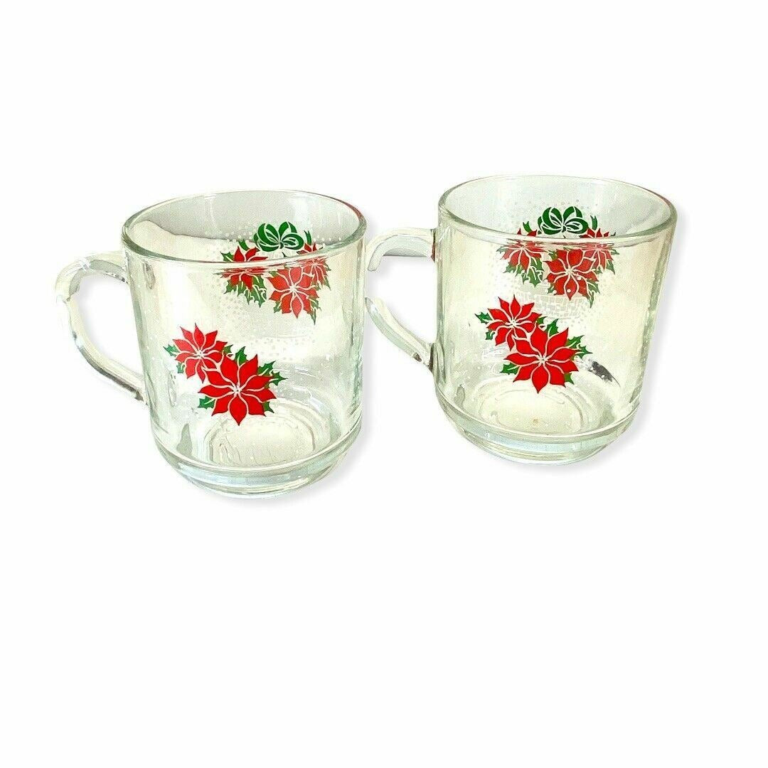 Vintage Christmas Holiday Clear Glass Mugs Red and Green Design Luminarc