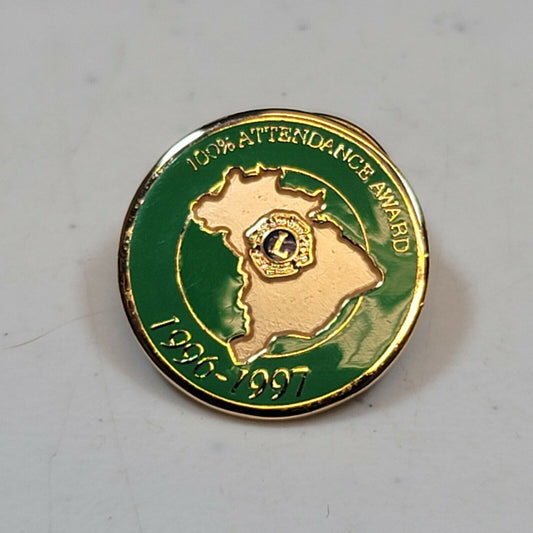 Lions Club 100% Attendance Award Lapel Pin 1996 1997