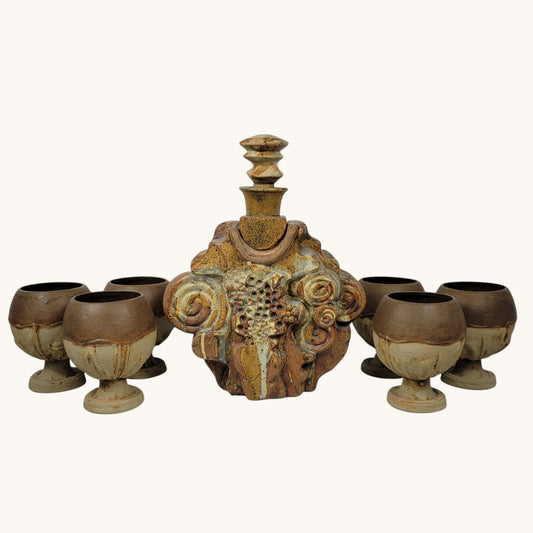 Decanter & 6 Goblets Bernard Rooke Vintage Mid-Century English Brutalist Pottery
