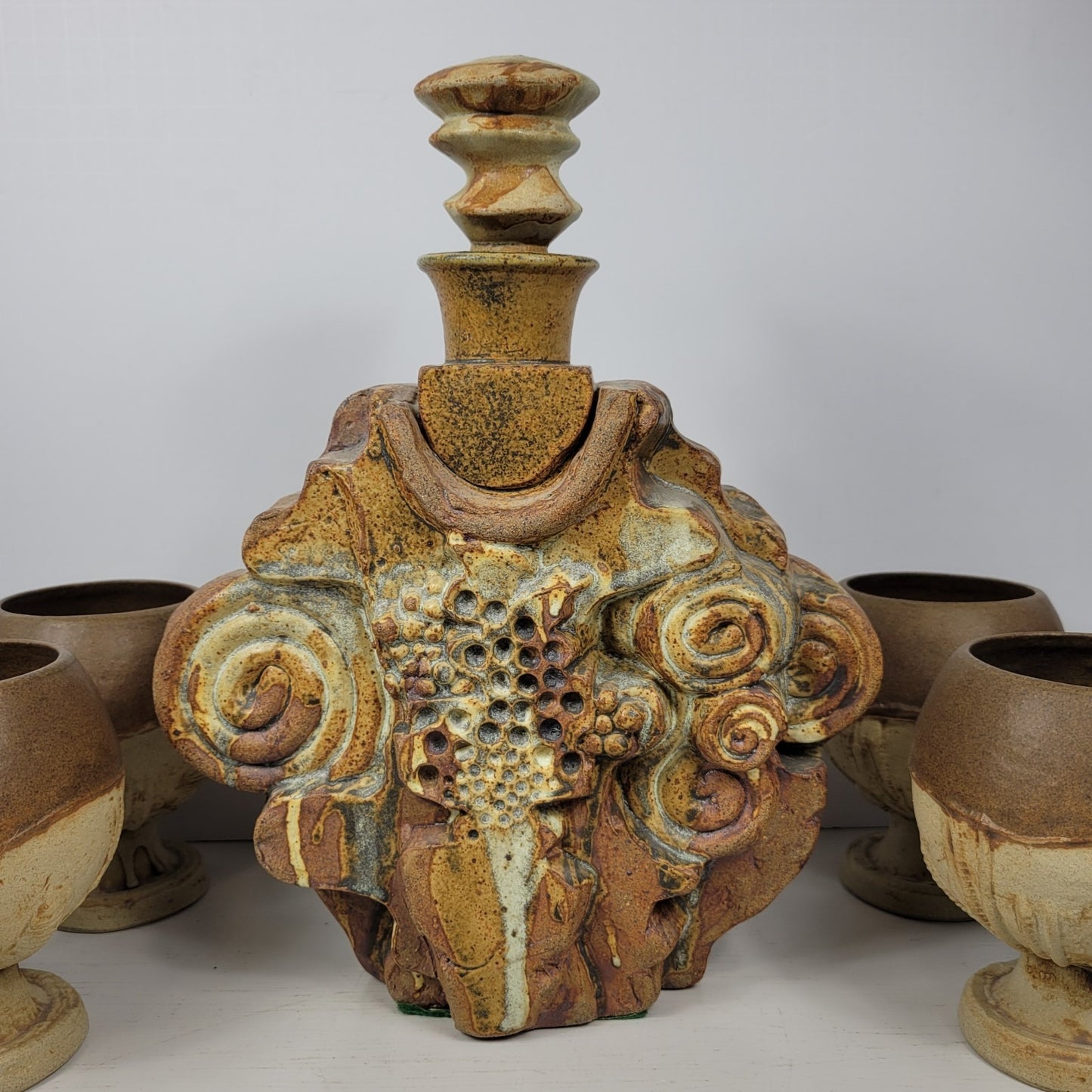 Decanter & 6 Goblets Bernard Rooke Vintage Mid-Century English Brutalist Pottery