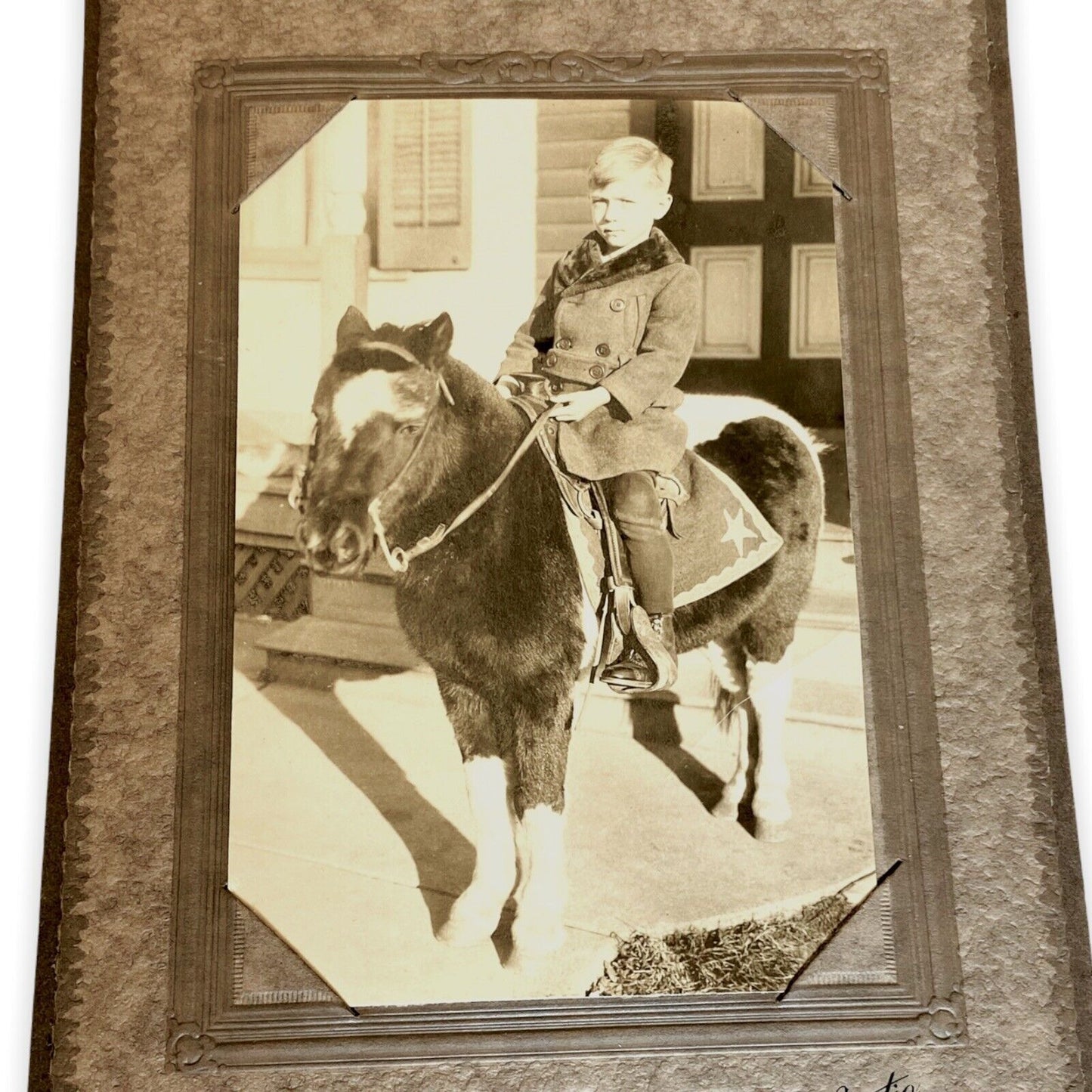 Vintage Photo of Affluent Boy on Pinto Pony in Cardboard Cover RPPC 3x4.5"