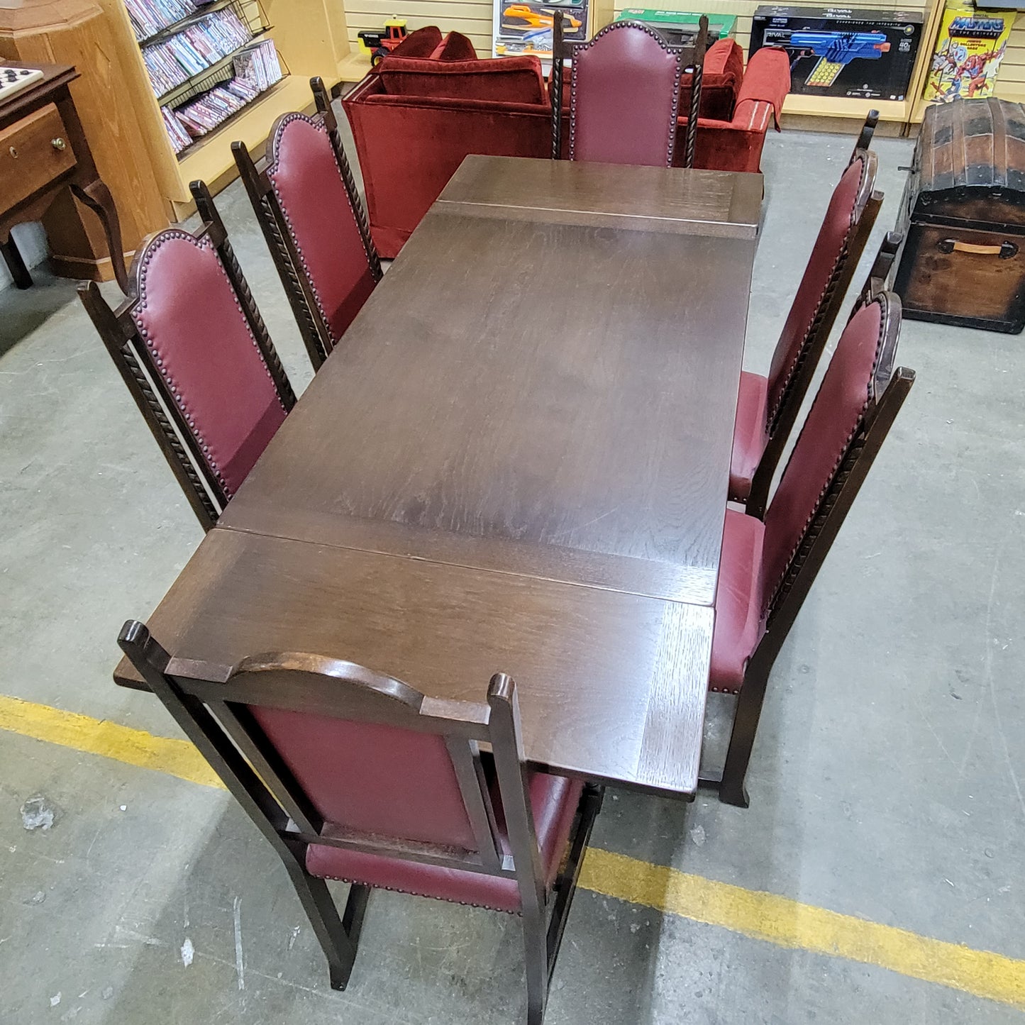 Gothic Revival Hand-Carved Oak Dining Table & 6 Chairs