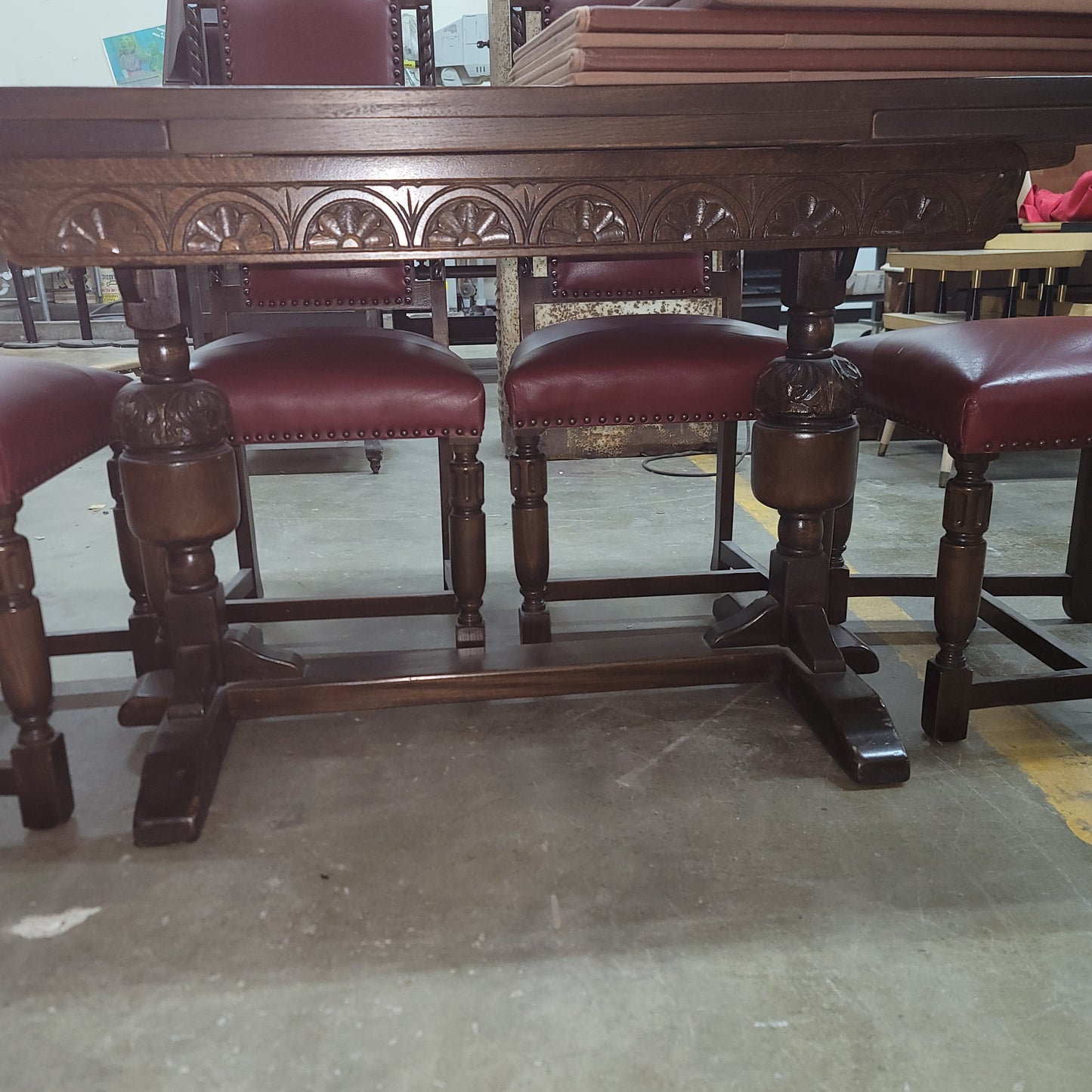 Gothic Revival Hand-Carved Oak Dining Table & 6 Chairs