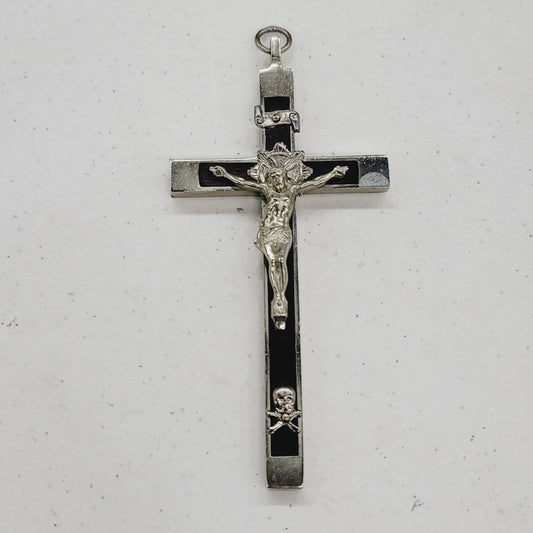 Antique Pectoral Ebony Wood Inlay Catholic Crucifix Skull Cross Bones France 5"