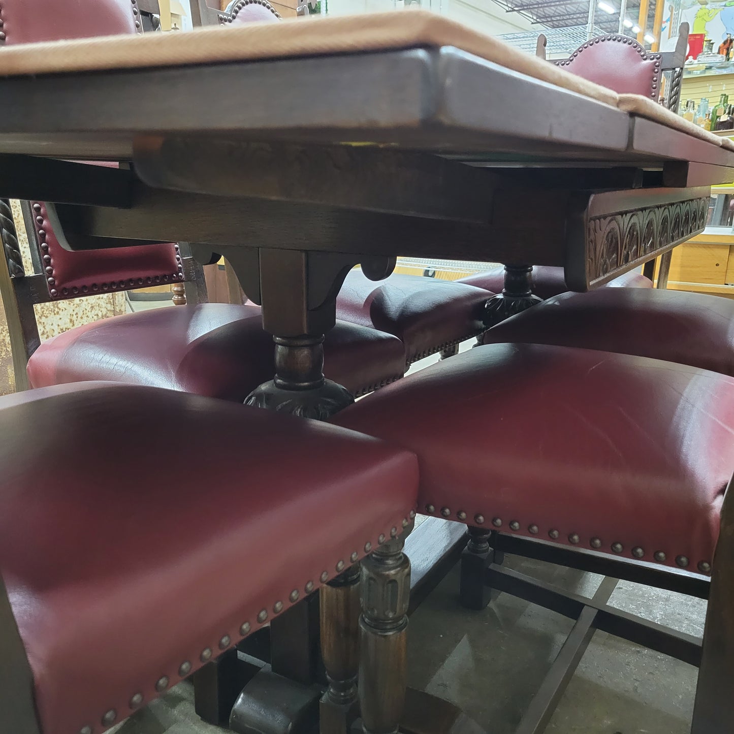 Gothic Revival Hand-Carved Oak Dining Table & 6 Chairs