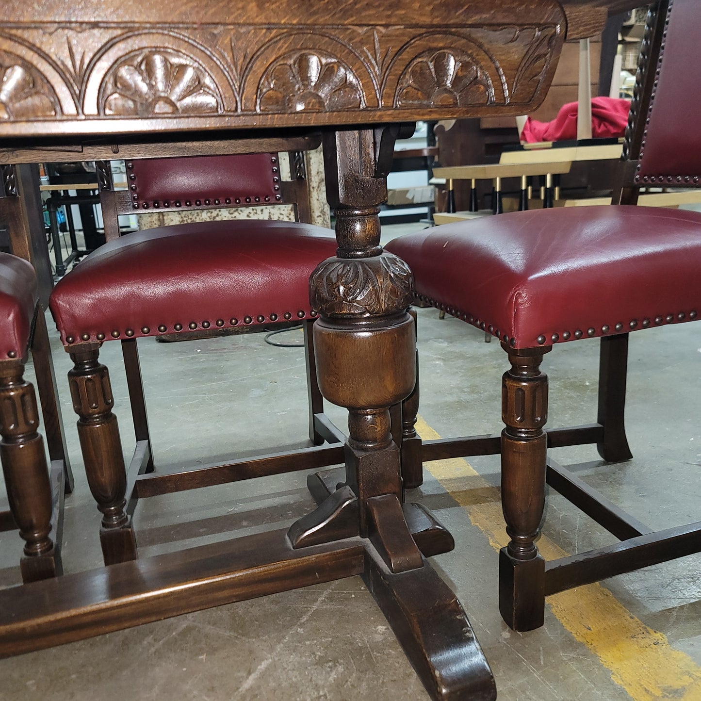 Gothic Revival Hand-Carved Oak Dining Table & 6 Chairs