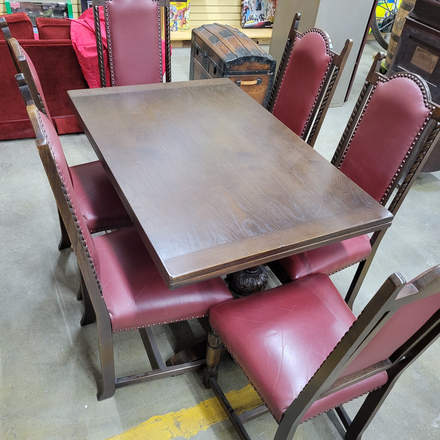 Gothic Revival Hand-Carved Oak Dining Table & 6 Chairs