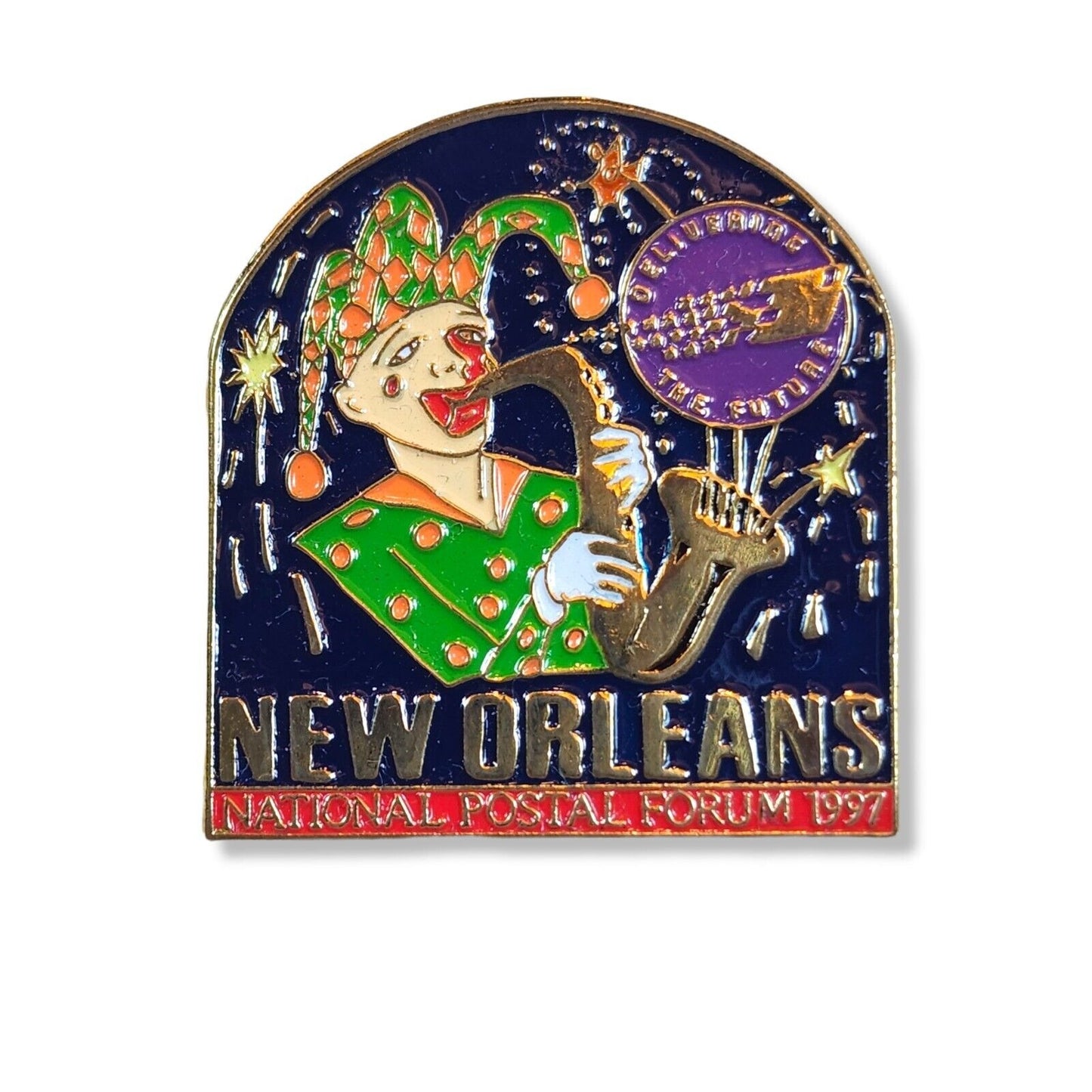 1997 New Orleans National Postal Forum Delivering The Future Pin Jester Trumpet