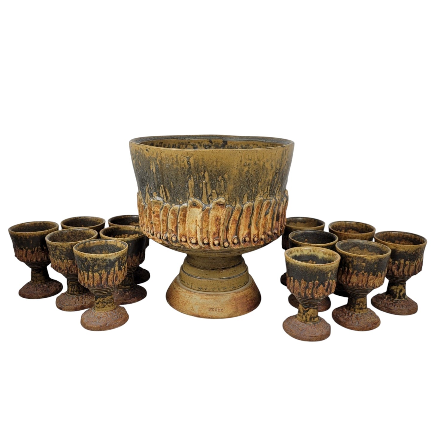 Punch Bowl & Goblets Bernard Rooke Vintage Mid-Century English Brutalist Pottery