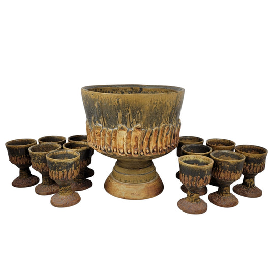 Punch Bowl & Goblets Bernard Rooke Vintage Mid-Century English Brutalist Pottery