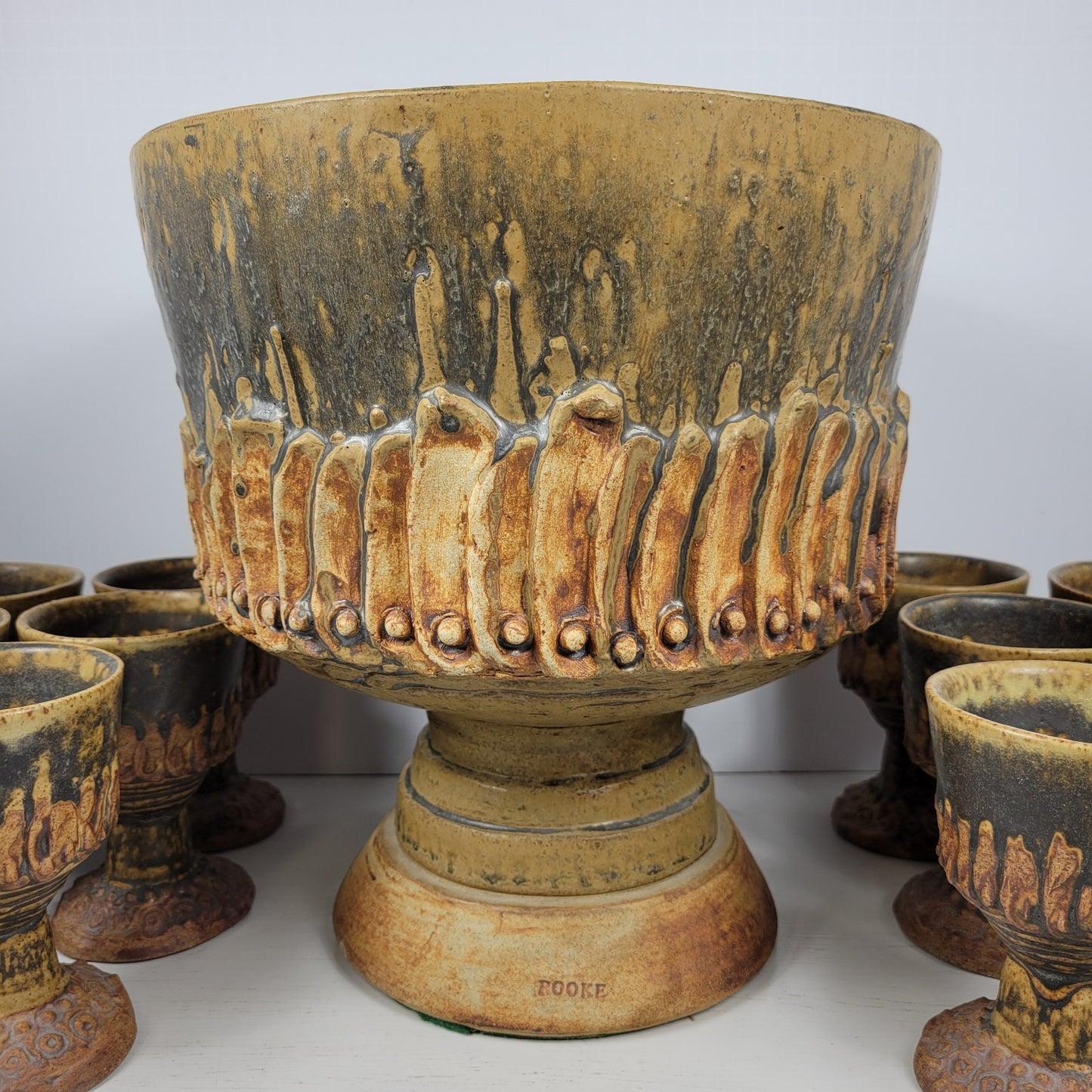 Punch Bowl & Goblets Bernard Rooke Vintage Mid-Century English Brutalist Pottery